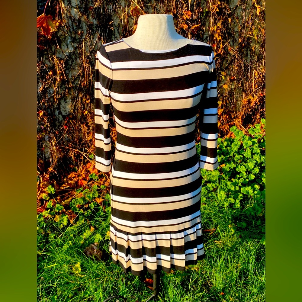 Black and white and tan striped dress.